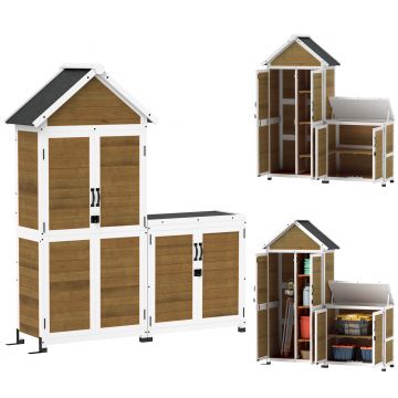 Outsunny Abri de jardin + armoire de rangement en bois cu toit incliné en asfalt, rafturi și uși blochează, natural | Aosom Romania