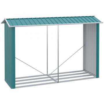 Outsunny Magazie de Depozitare a Buștenilor, Casă pentru Lemne de Foc din Otel Galvanizat cu Podea Înălțată, 240x86x160 cm, Verde | Aosom Romania