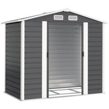 Outsunny Magazie de Grădină din Tablă de Oțel cu 4 Orificii de Ventilație și 2 Uși Glisante, 213x120x194 cm, Gri Închis | Aosom Romania