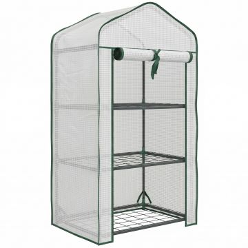 Outsunny Mini Seră pe 3 Nivele cu Acoperiș PE Întărit, Seră Portabilă cu Ușă Rulantă și Rafturi din Sârmă, 59x39x127 cm, Alb | Aosom Romania