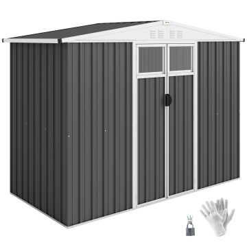 Outsunny Șopron de Grădină cu 4 Guri de Ventilație, 2 Ferestre și Acoperiș Înclinat, 246x117x161/180 cm, Gri Închis | Aosom Romania
