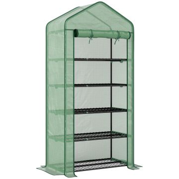 Outsunny Seră Mini pe 5 Niveluri cu Husă Ranforsată, Seră Portabilă cu Ușă Rulabilă și Rafturi de Sârmă, 193x90x49 cm, Verde | Aosom Romania