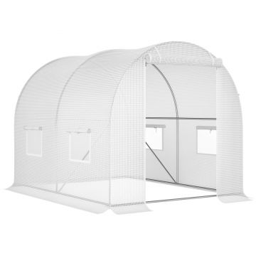 Outsunny Seră Tunel cu 4 Ferestre şi Usă Rulantă cu Fermoar, Seră pentru Plante din Oţel Zincat şi Polietilenă, 3x2x1.9 m, Alb | Aosom Romania