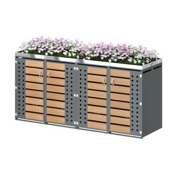 Cutie pentru pubele 4‑locuri, închisă cu cheie, cu jardinieră integrată, 264x80x124,5 cm, Gri+Culoare naturală