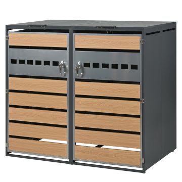 Cutie pentru pubele cu capac rabatabil hidraulic, cu 2 compartimente separate și uși încuiabile, 132x80x118,5 cm, Gri+Culoare naturală