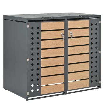 Cutie pentru pubele cu capac rabatabil hidraulic, două compartimente separate și uși încuiabile, 132x80x118,5 cm, Gri+Culoare naturală