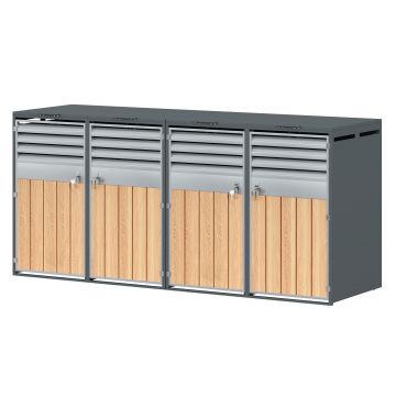 Cutie pentru pubele cu capac rabatabil hidraulic, modul de depozitare cu 4 uși, lamele de ventilație, 264x80x118,5 cm, Gri+Culoare naturală