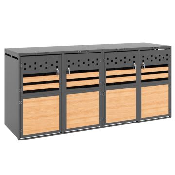Cutie pentru pubele cu capac rabatabil hidraulic, patru compartimente încuiabile, ventilație în formă de romb, 264x80x120 cm, Gri+Culoare naturală