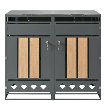 Cutie pentru pubele cu capac rabatabil hidraulic, uși cu încuietoare și două compartimente, 132x80x118,5 cm, Gri+Culoare naturală
