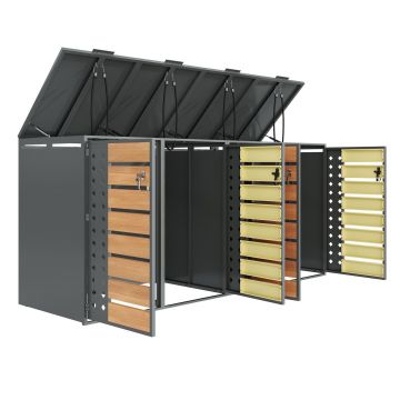 Cutie pentru pubele cu depozitare în 4 compartimente, perforație laterală în formă de romb pentru aerisire, 264x80x118,5 cm, Gri+Culoare naturală