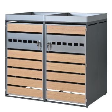 Cutie pentru pubele cu jardinieră integrată și ventilație, dulap încuiabil din două părți, cu 2 uși, 132x80x124,5 cm, Gri+Culoare naturală