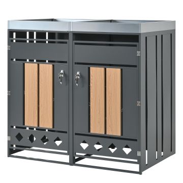 Cutie pentru pubele cu jardinieră integrată, încuiabilă, pentru 2 pubele standard, 132x80x124,5 cm, Gri+Culoare naturală