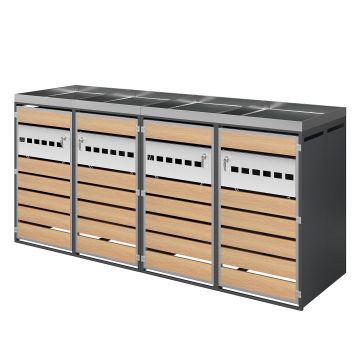 Cutie pentru pubele cu jardiniere integrate, patru uși individuale încuiabile, 264x80x124,5 cm, Gri+Culoare naturală