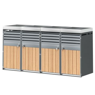 Cutie pentru pubele cu zonă de plantare integrată, dulap pentru pubele, 4‑compartimente, cu încuietoare, 264x80x124,5 cm, Gri+Culoare naturală