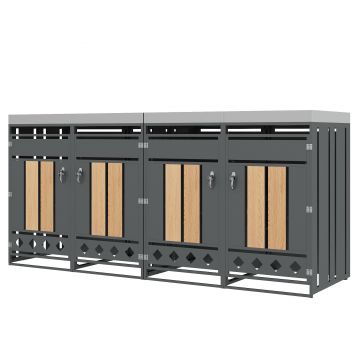 Dulap pentru pubele cu 4 compartimente, jardiniere integrate și uși încuiabile, 264x80x124,5 cm, Gri+Culoare naturală