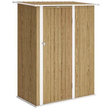 Outsunny Căsuță pentru Grădină 1.07m² din Oțel Galvanizat, Căsuță pentru Unelte cu Ușă Blocabilă, Acoperiș Înclinat, 142x86x189 cm, Imitatie Lemn | Aosom Romania