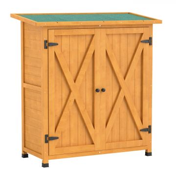 Outsunny Dulap de grădină, șură pentru unelte din lemn, dulap rezistent la intemperii cu 2 uși acoperiș din asfalt 110 x 55 x 117 cm, Galben | Aosom Romania