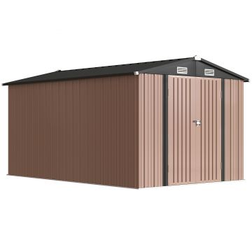 Outsunny Magazie de Grădină din Metal 364 x 238 cm cu 4 Grile de Ventilație și Uși Duble cu Încuietoare, Maro | Aosom Romania