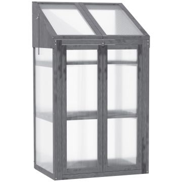 Outsunny Mini-seră, seră mică cu cadru din lemn, ferestre și uși duble, 3 rafturi, 70L x 50W x 120H cm, gri | Aosom Romania