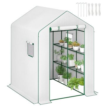 Outsunny Seră de grădină cu 1 ușă 2 ferestre rafturi 3 nivele pentru Legume Plante Flori Pânză PE 140 x 143 x 190 cm alb | Aosom Romania